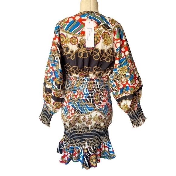 NWT RHODE Anya Printed Blouson-Sleeve Smocked Dress In Chain Print - Picture 9 of 13